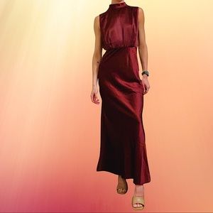 NEVER WORN TAGS ON Wine Satin Mock Neck Maxi Dress